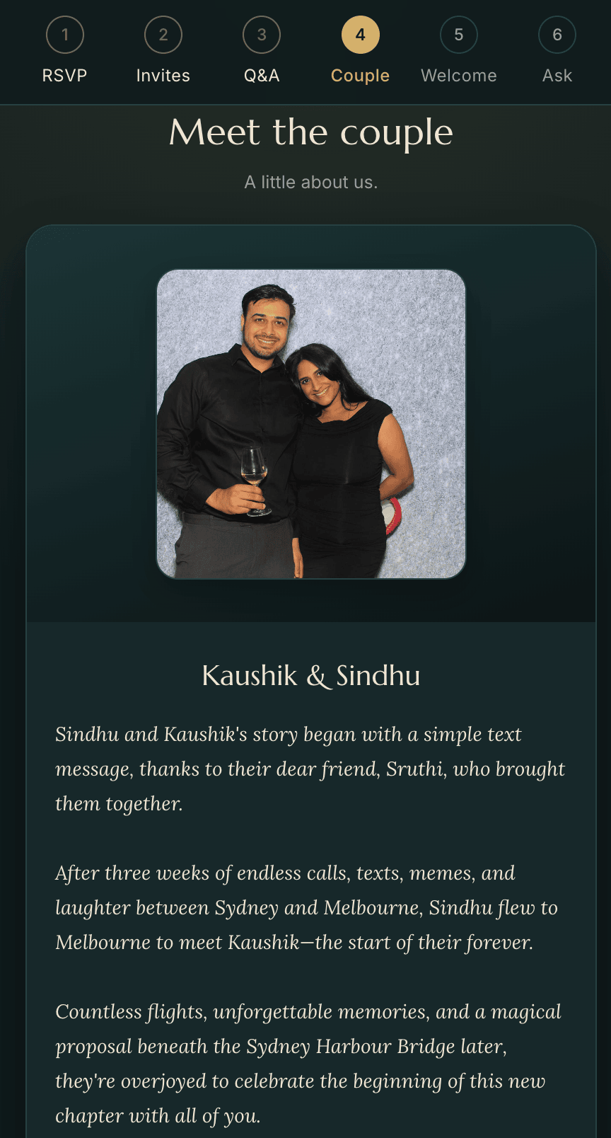 The About the couple section of a Kausmos guest portal, shown on a phone.